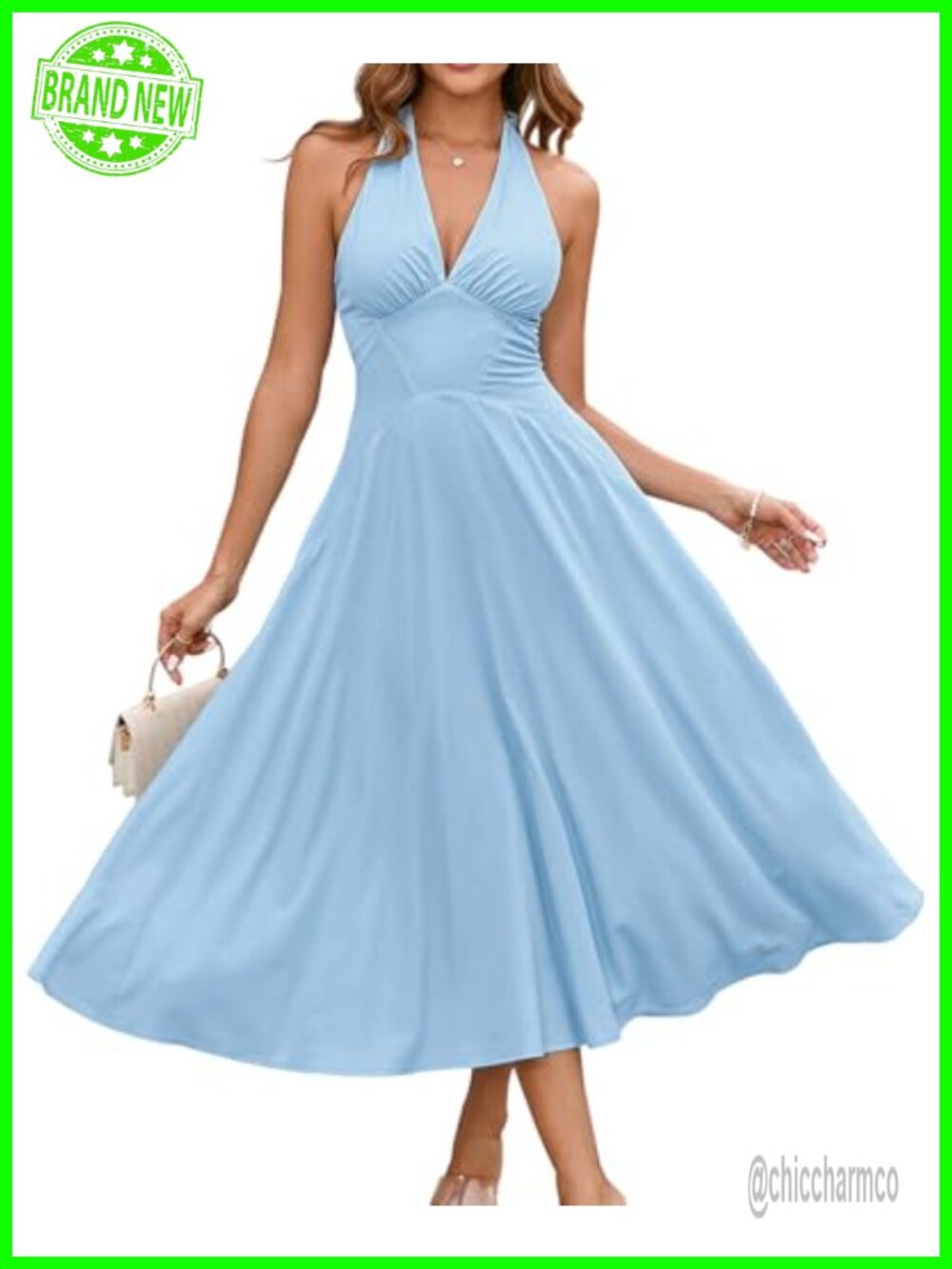 Halter Wedding Guest Midi Dress Corset Flowy A Line Smocked Milkmaid Sundress
